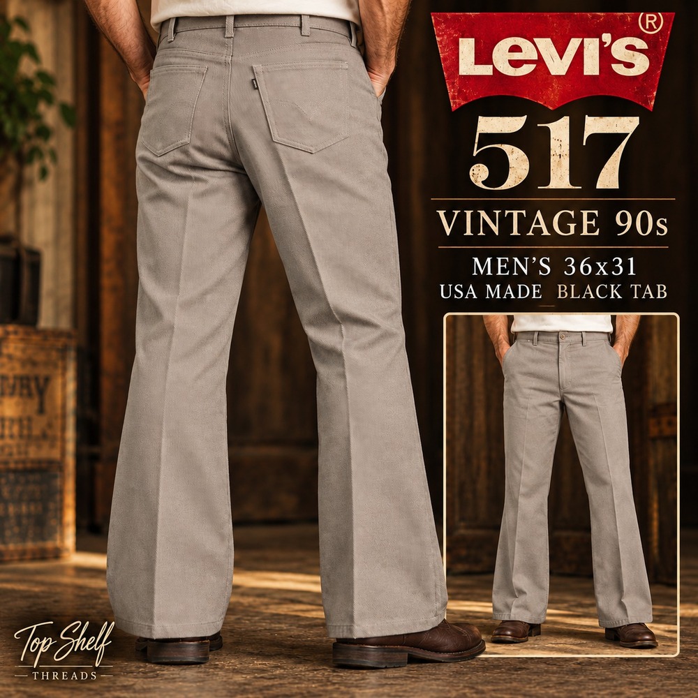 VTG 1993 Levi's 517 Sta Prest Men W36 L31 Gray Bootcut Action Slacks Black Tab